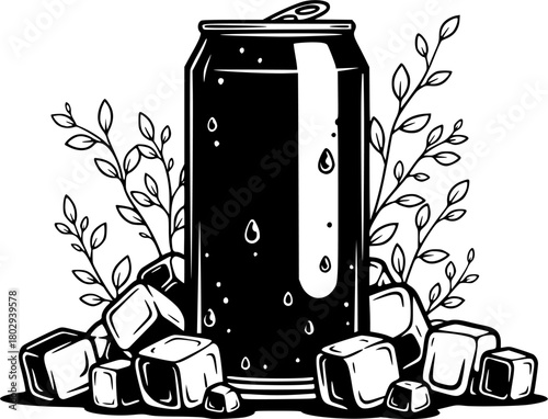 Drink can with ice cubes and plant sprigs
