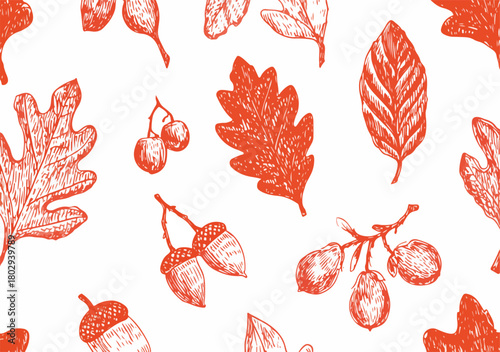Jesienne liście i żołędzie w stylu szkicu, tworzące powtarzalny wzór na białym tle.