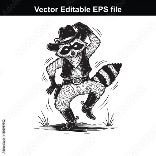 A cartoon raccoon dressed as a cowboy, dancing with a gun and boots, isolated on