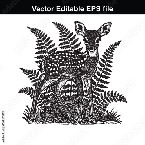A charming black and white illustration of a spotted fawn standing in tall grass with ferns behind it, rendered in a linocut style