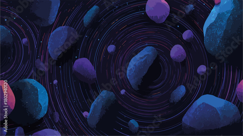 Abstrakcyjne kamienie unoszące się w kosmicznej przestrzeni z wirującymi spiralnymi ścieżkami