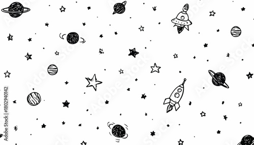 Rysunkowy wzór kosmosu z planetami, rakietami i gwiazdami na białym tle, wektor.