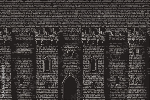 Kamienna ściana zamku z blankami i łukowatymi bramami, stylizowana grafika retro.