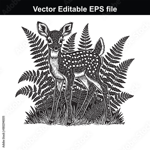 A charming black and white illustration of a spotted fawn standing in tall grass with ferns behind it, rendered in a linocut style