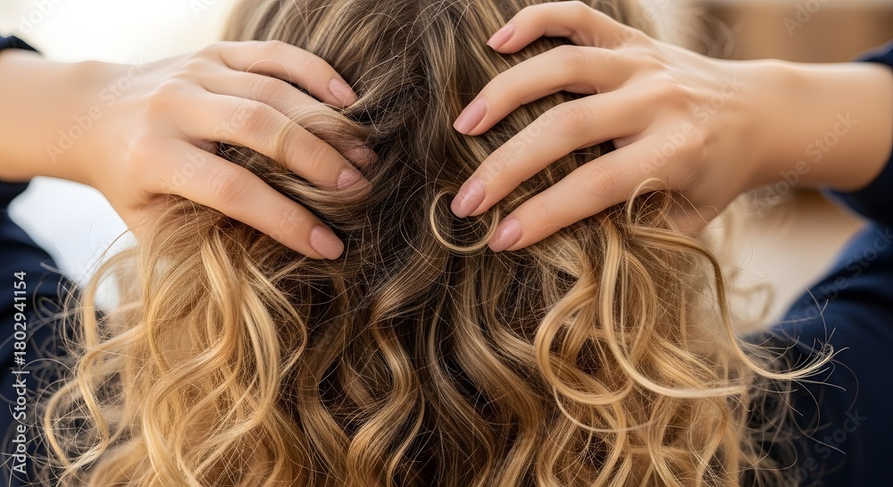 Naklejka premium Curly hair care blonde highlights woman hands styling tips product guide healthy hair routine and maintenance