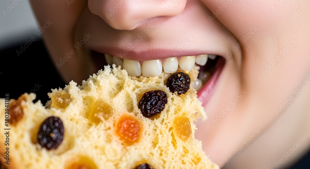 Obraz premium Eating delicious panettone cake with raisins fresh baked sweet bread holiday dessert christmas treat closeup view