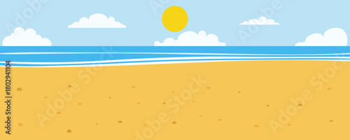 Summer beach scene with ocean waves sand and sun in blue sky. Tropical seaside landscape. Vacation banner background. Editable vector illustration.