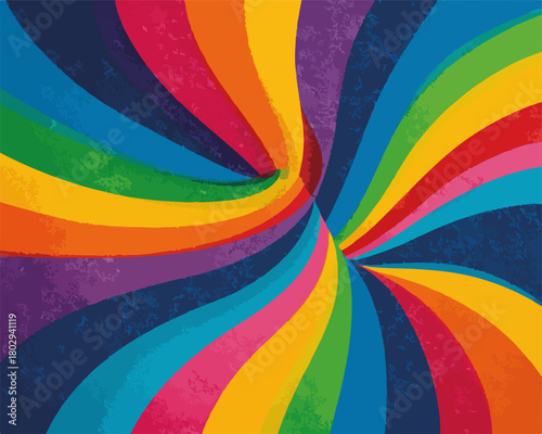 Abstrakcyjne, kolorowe tło z wirującymi tęczowymi pasmami i teksturą, idealne do projektów graficznych.