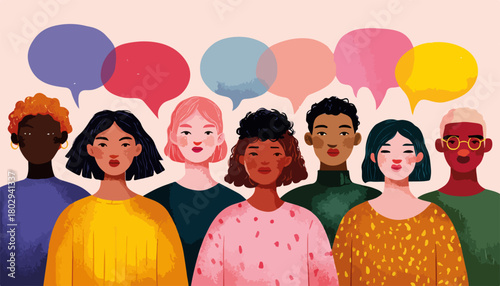 Grupa zróżnicowanych ludzi komunikujących się ze sobą, wyrażająca różnorodność i jedność społeczną.