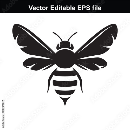 Black silhouette of a bee with striped abdomen and spread wings, isolated on