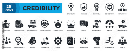 Credibility icon set. Containing  reliable, believable, consistency, reputation, track record, professional, loyalty icon. Glyph style