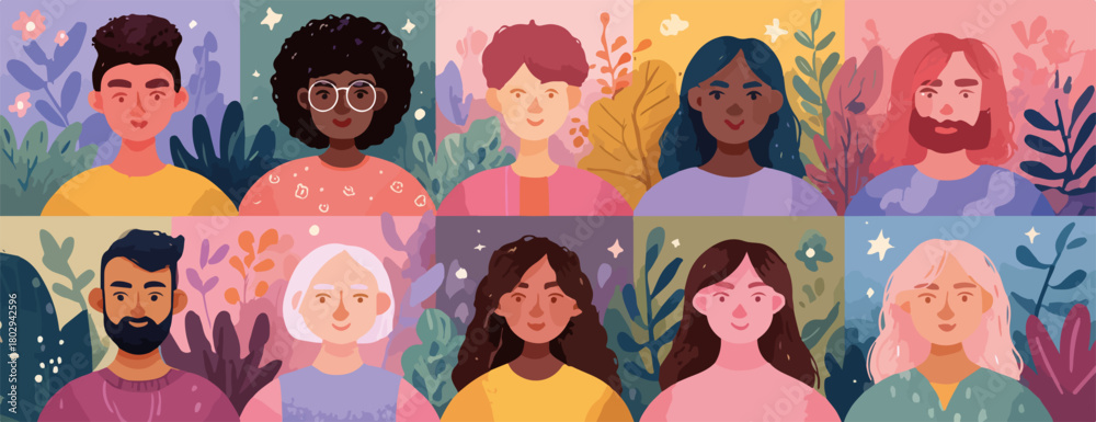 Fototapeta premium Wektorowa ilustracja przedstawiająca różnorodną grupę ludzi z różnych środowisk, otoczonych roślinnością, symbolizująca jedność i inkluzywność.