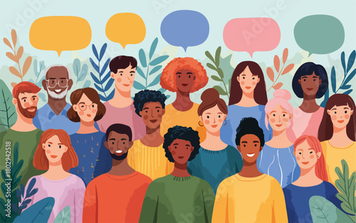 Grupa różnorodnych ludzi z bąbelkami mowy, symbolizująca komunikację i wspólnotę.