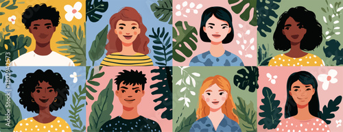 Kolaż portretów różnorodnych ludzi z całego świata, otoczonych bujną roślinnością, symbolizujący globalną społeczność i harmonię z naturą.