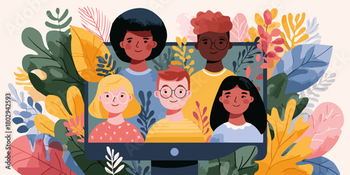 Wielokulturowa grupa osób komunikujących się online, otoczona bujną roślinnością, symbolizująca globalną współpracę i różnorodność w cyfrowym świecie.