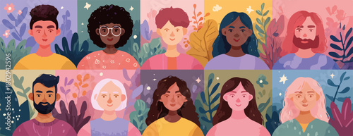 Wektorowa ilustracja przedstawiająca różnorodną grupę ludzi z różnych środowisk, otoczonych roślinnością, symbolizująca jedność i inkluzywność.