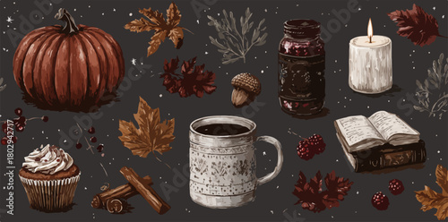 Kolekcja przytulnych jesiennych elementów, takich jak dynia, liście, kawa, świeca i książki, idealna do stworzenia ciepłej atmosfery w chłodne dni.