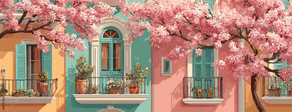 Naklejka premium Malownicze, pastelowe kamienice z balkonami ozdobionymi kwitnącymi różowymi drzewami wiśni, tworzące urokliwą wiosenną scenę.