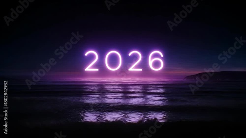 Glowing 2026 in neon lights over dark ocean horizon at sunset