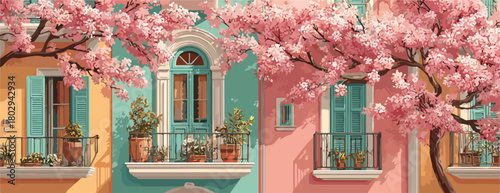 Malownicze, pastelowe kamienice z balkonami ozdobionymi kwitnącymi różowymi drzewami wiśni, tworzące urokliwą wiosenną scenę.