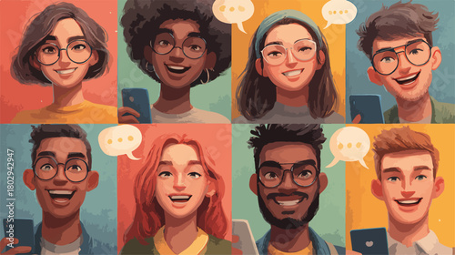 Młodzi ludzie z różnych kultur uśmiechają się, trzymając smartfony, symbolizując globalną komunikację i interakcje społeczne online.