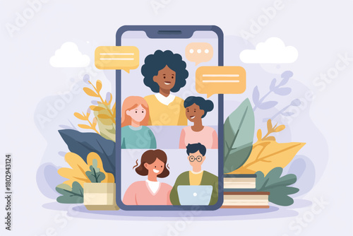 Wektorowa ilustracja z grupą ludzi w wideokonferencji na smartfonie, symbolizująca nowoczesną komunikację, zdalną pracę i globalną współpracę online.
