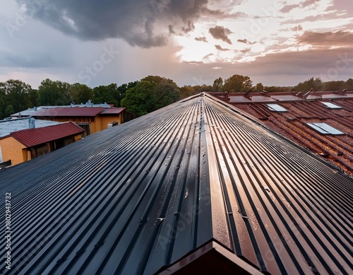 Wallpaper Mural wet metal roofing sheets on a rainy day at construction site generative ai Torontodigital.ca
