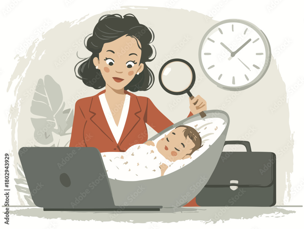 Naklejka premium Kobieta biznesu z lupą nad dzieckiem, próbująca pogodzić obowiązki zawodowe z macierzyństwem, obrazując wyzwania współczesnego rodzicielstwa.