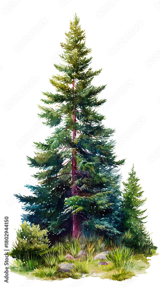 Fototapeta premium Watercolor a tall, majestic evergreen pine tree with lush green needles and a smaller pine tree beside it