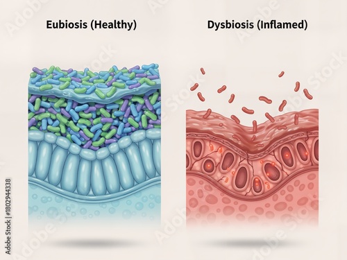 Comparison of Eubiosis (Healthy) and Dysbiosis (Inflamed) in the gut microbiome. Loss of barrier integrity leads to inflammation and pathogen overgrowth.