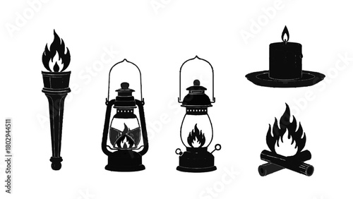 Vector illustration of collection of vintage light sources including a torch, lanterns, candle, and campfire isolated on transparent background 