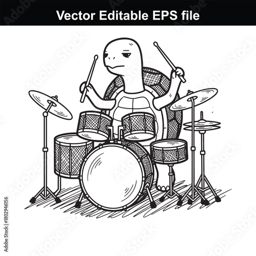 A cartoon turtle playing a drum set with drumsticks, isolated on