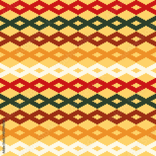 Golden and red ethnic diamond bands blending earthy tones and layered chevron steps ideal for cozy interior fabrics and apparel