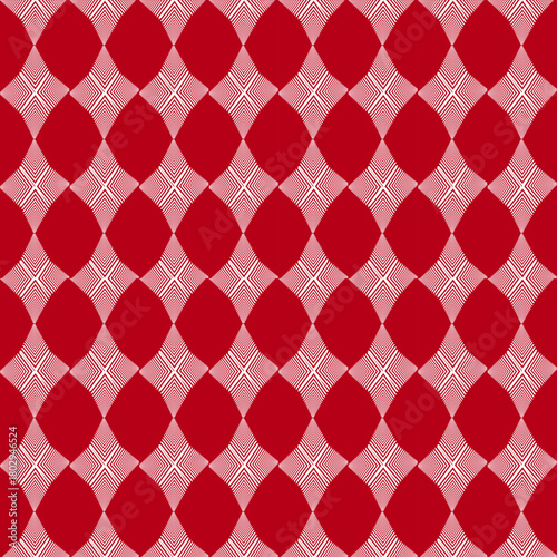 Red and white interlocking petal-diamond shapes with subtle gradient lines creating a contemporary patterned fabric surface