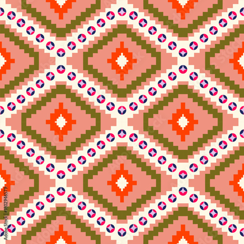 Peach and olive ethnic diamond mosaics accented with bright orange centers and playful dot rings for cozy decorative fabric design