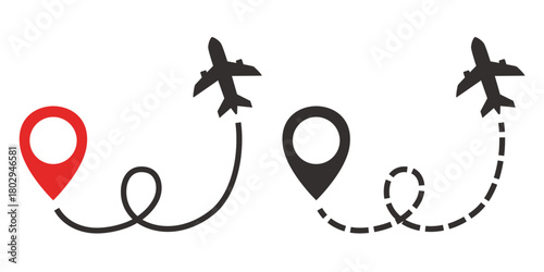 Map pin and airplane. Vector icon isolated on white background.