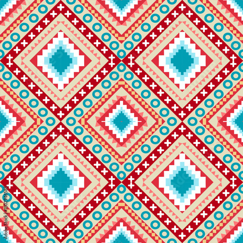 Teal and red ethnic diamond mosaics framed by stepped edges, dot rings, and cross motifs for lively bohemian fabric design