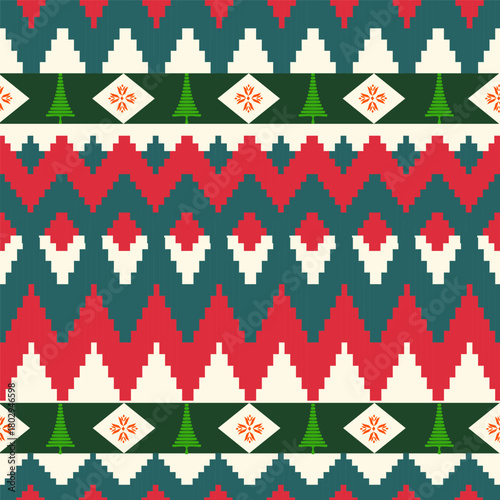 Christmas seamless pattern Red and teal ethnic stepped chevrons paired with decorative tree motifs and diamond accents for lively holiday fabric use