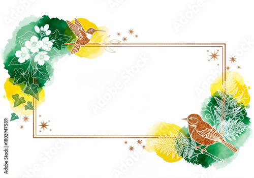 An elegant nature-themed frame with birds and flowers. Decorative watercolor illustration with a hummingbird and foliage. Copper gold border with copy space for an invitation.