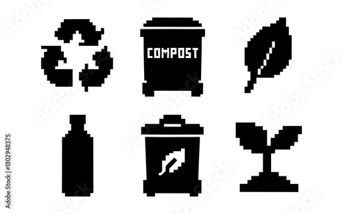 Pixel art recycling icons with eco-friendly symbols and compost bin