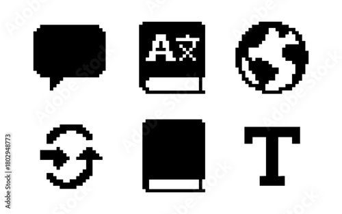 Pixel style language and translation icons set