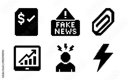 Retro pixel art icons: business, news, and communication symbols in black and white