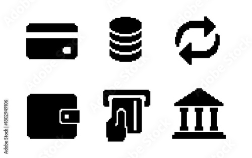 Pixelated financial icons collection with wallet, card, and bank symbols