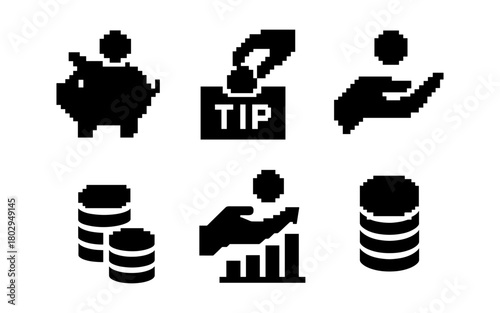 Pixel art money icons: savings, tips, and investments in black and white