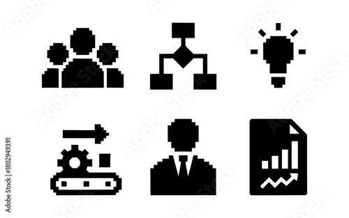 Retro pixel icons for business and technology concepts in black and white