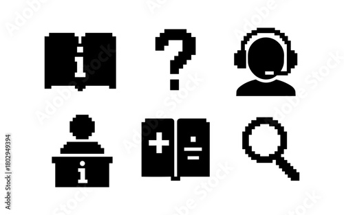 Pixel icons set: information, assistance, and search silhouettes