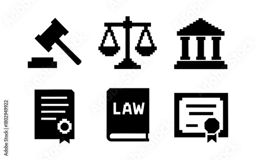Pixelated legal icons: gavel, scale, court, document, law book, certificate