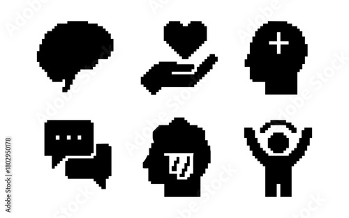 Pixel art mental health icons: brain, heart, support, communication, wellbeing