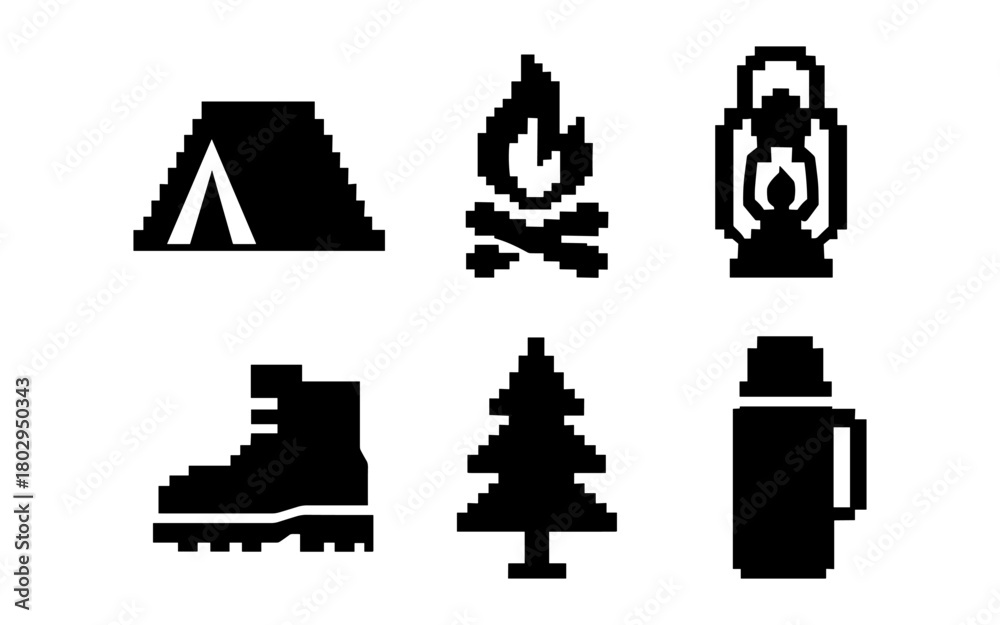 Fototapeta premium Pixel art camping icons: tent, campfire, lantern, hiking boot, tree, thermos