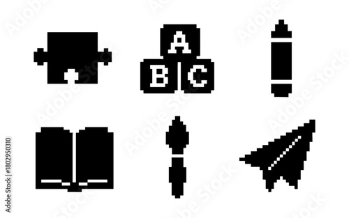 Set of pixel art education icons featuring puzzle, blocks, crayon